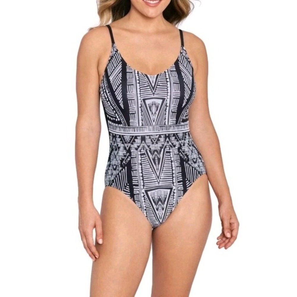 New Sonnet Shores Women 12 Geo Black White Linear One Piece Swimsuit RT:$78.00